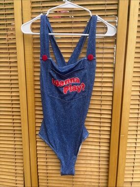 Fashion Nova Blue 'Wanna Play?' One-Piece Bodysuit M/L